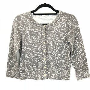 Boden Size 4 Cropped Button Down Gray Floral Cardigan Sweater 3/4 Sleeves Thin